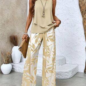 Elegant Beige Leaf Print Wide-Leg Pants